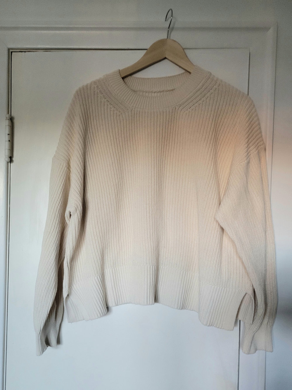 Women's Cream Ribbed Crewneck Sweater - Classic Knit